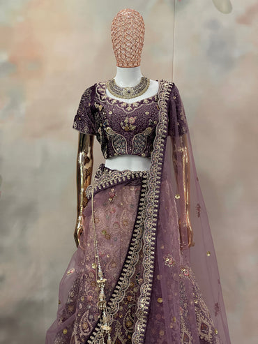 Royal Plum – Deep Purple Velvet Embroidered Lehenga Set