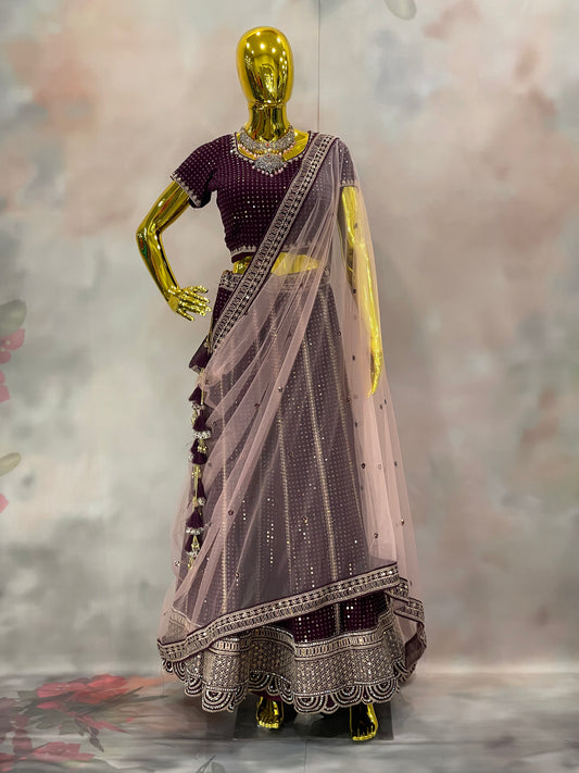 Garnet Glow – Wine Velvet Mirror Work Lehenga Set
