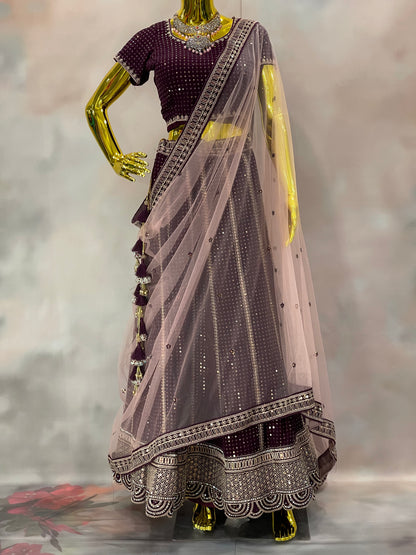 Garnet Glow – Wine Velvet Mirror Work Lehenga Set