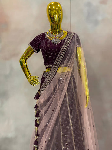 Garnet Glow – Wine Velvet Mirror Work Lehenga Set