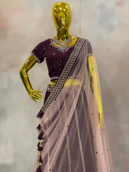 Garnet Glow – Wine Velvet Mirror Work Lehenga Set
