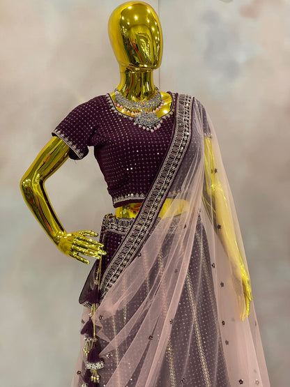 Garnet Glow – Wine Velvet Mirror Work Lehenga Set