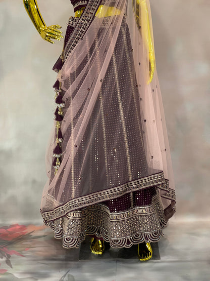 Garnet Glow – Wine Velvet Mirror Work Lehenga Set
