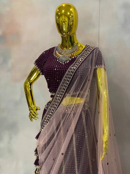 Garnet Glow – Wine Velvet Mirror Work Lehenga Set