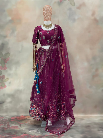 Plum Royale – Embroidered Velvet Bridal Lehenga
