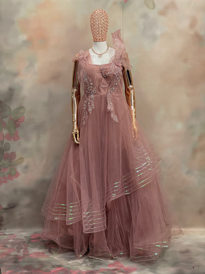 Rosewood Ruffle – Dusty Pink Embellished Gown