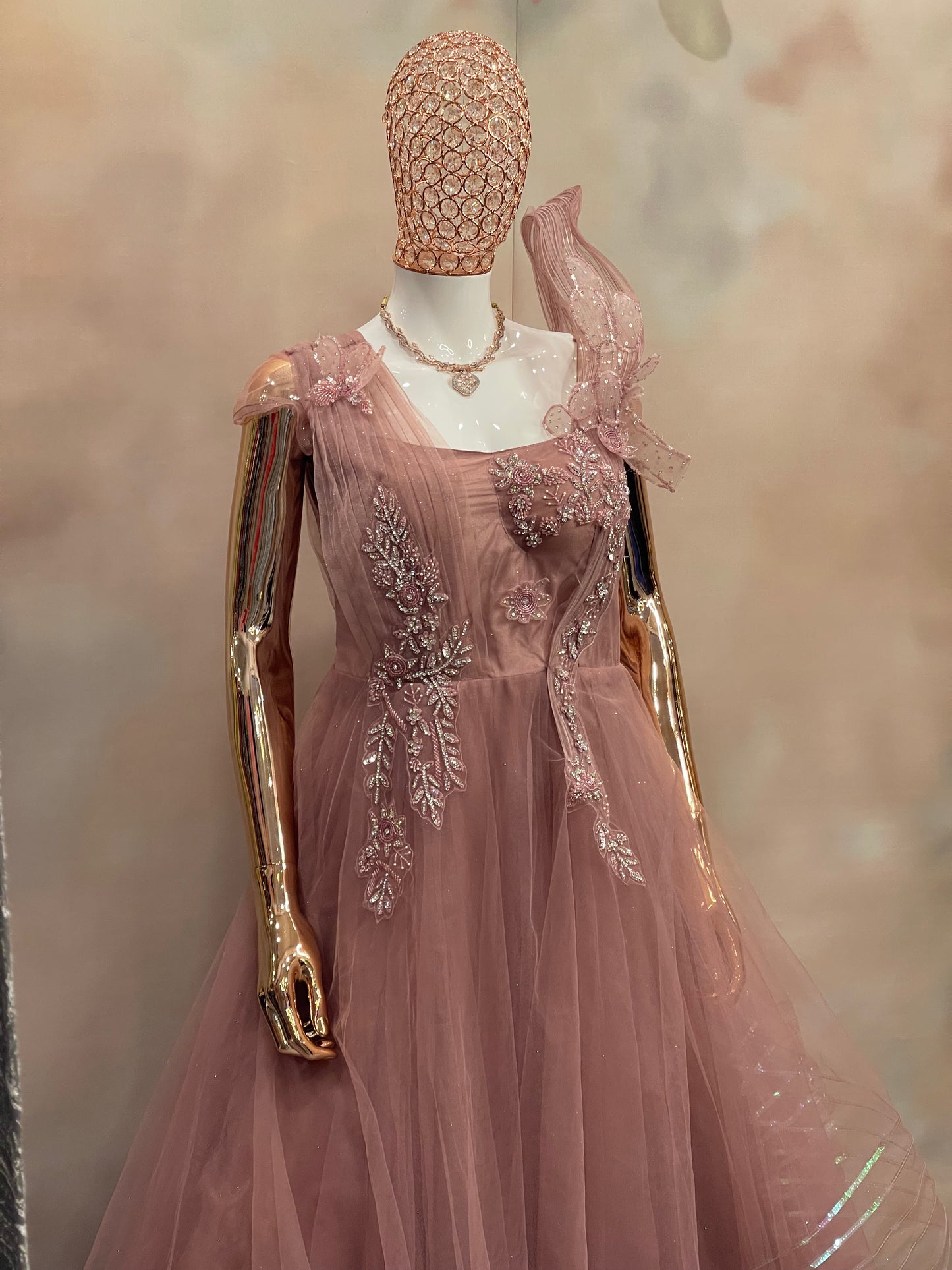 Rosewood Ruffle – Dusty Pink Embellished Gown