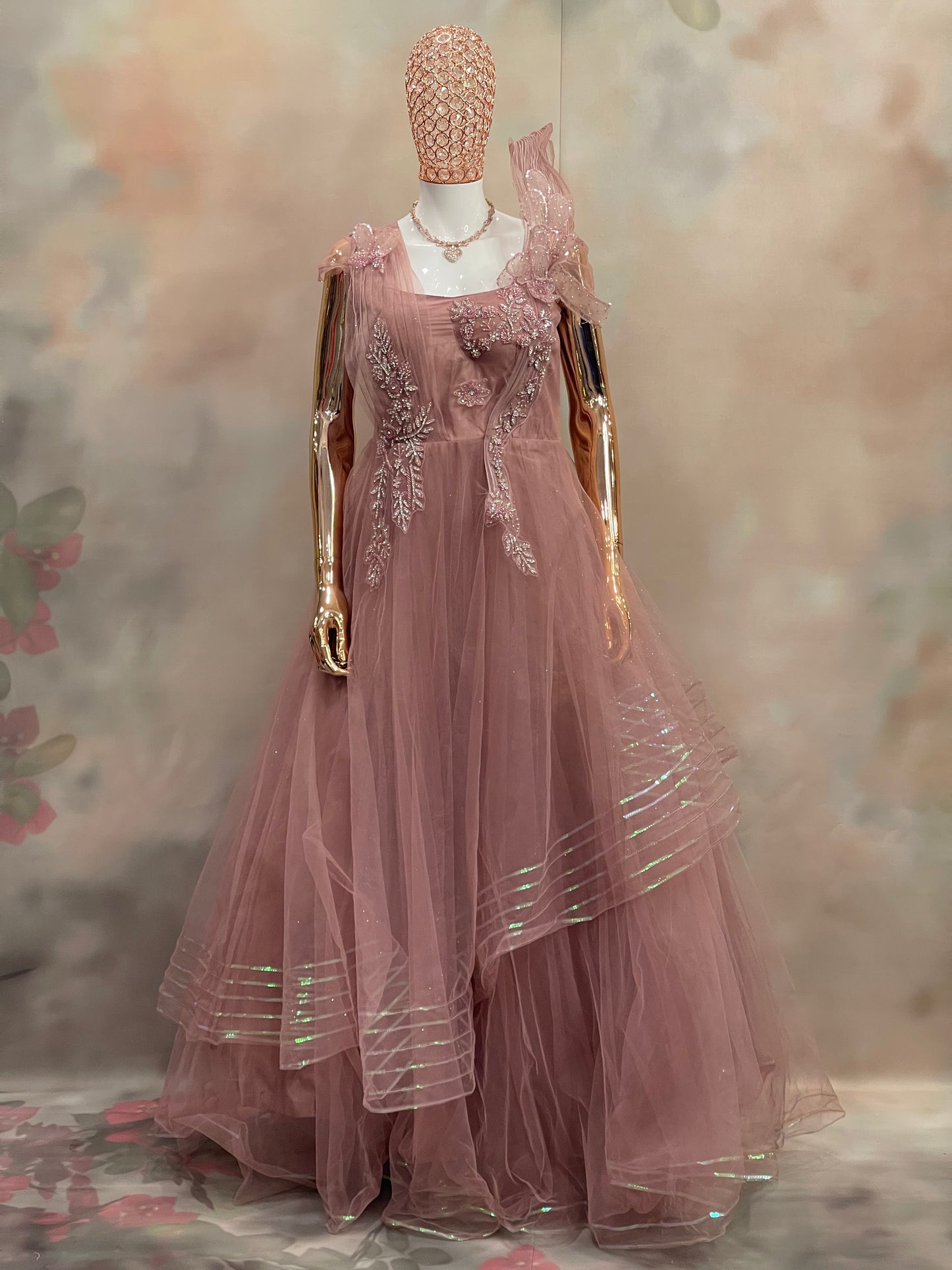 Rosewood Ruffle – Dusty Pink Embellished Gown