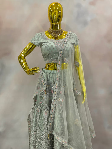 Silver Mist – Embroidered Green Lehenga with Sheer Dupatta