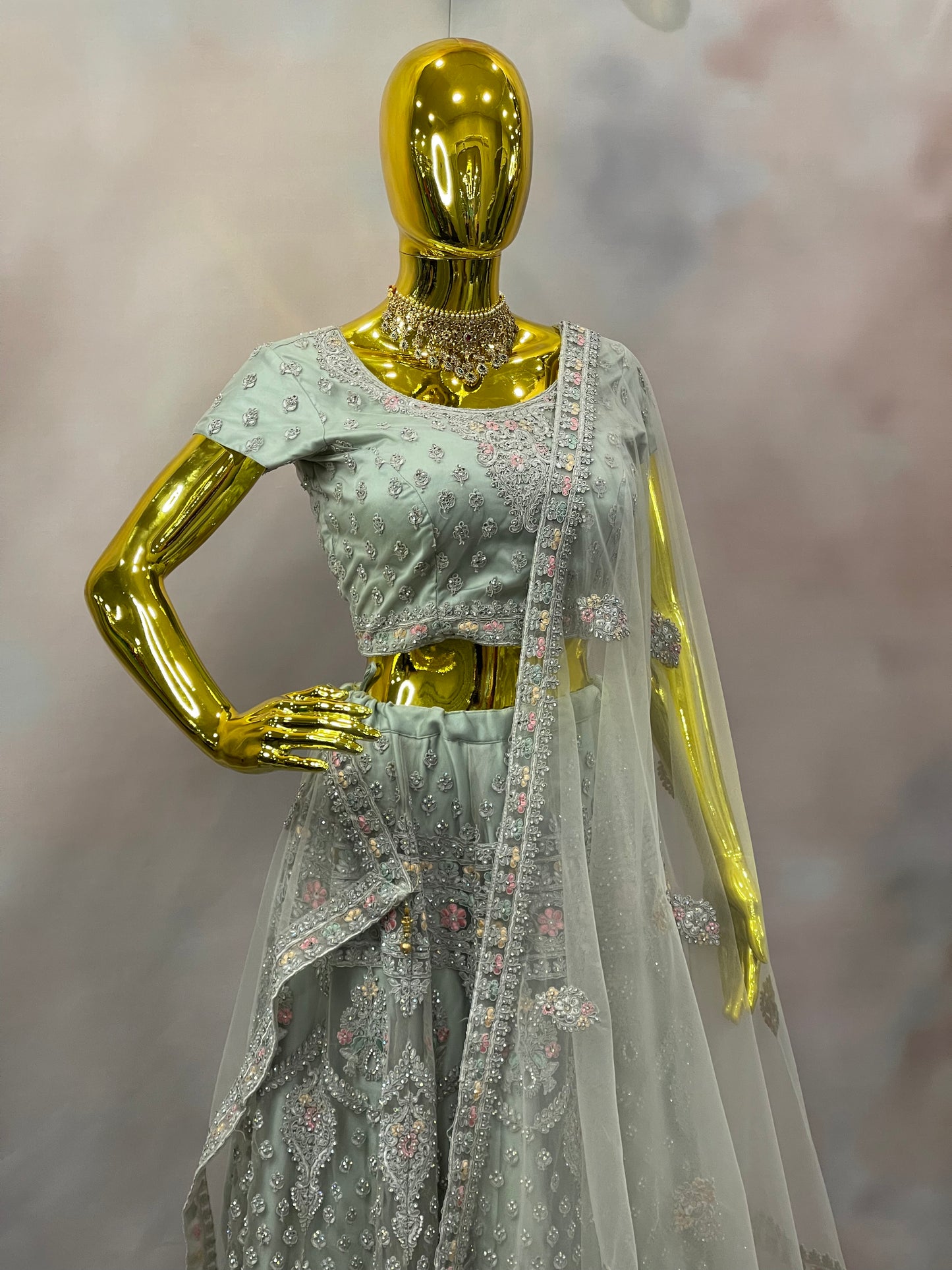 Silver Mist – Embroidered Green Lehenga with Sheer Dupatta