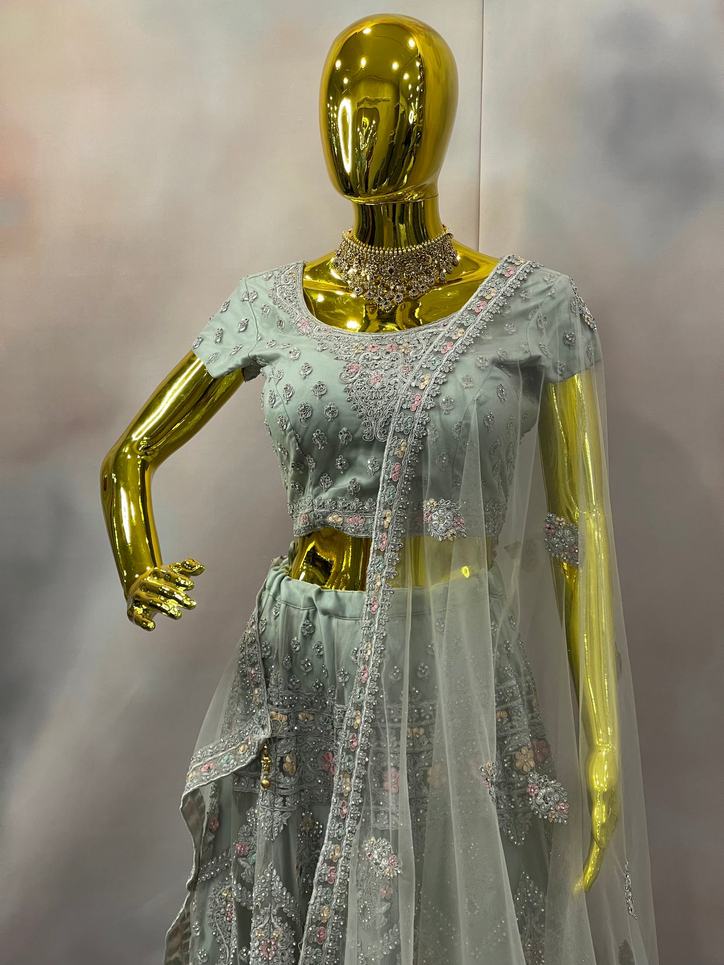 Silver Mist – Embroidered Green Lehenga with Sheer Dupatta