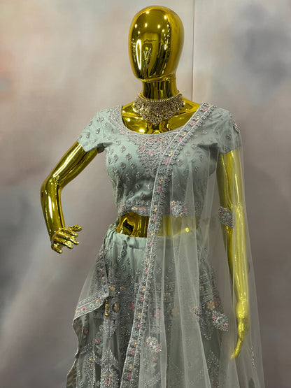 Silver Mist – Embroidered Green Lehenga with Sheer Dupatta