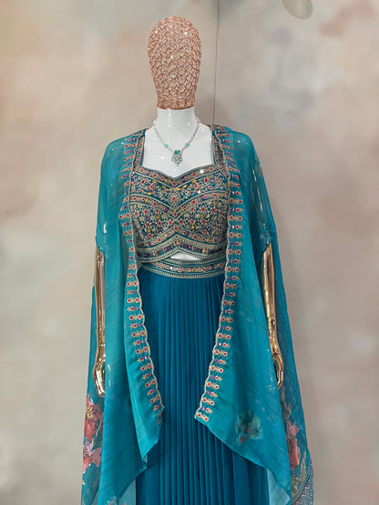 Teal Majesty – Embroidered Indo-Western Set