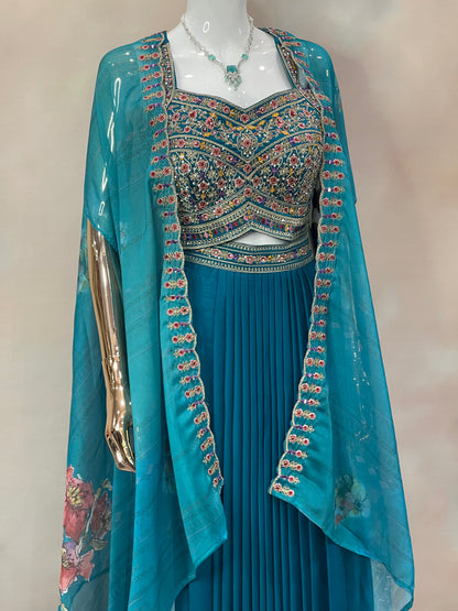 Teal Majesty – Embroidered Indo-Western Set