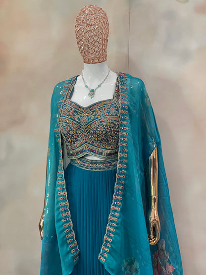 Teal Majesty – Embroidered Indo-Western Set