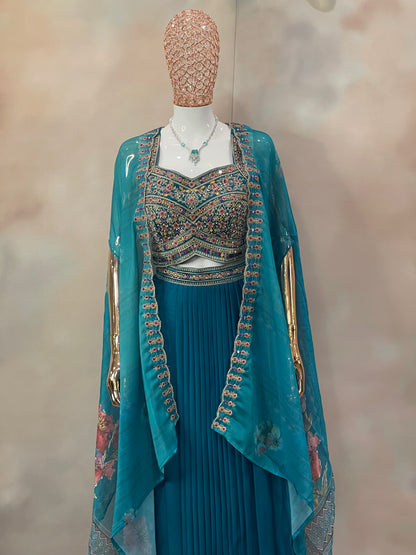 Teal Majesty – Embroidered Indo-Western Set