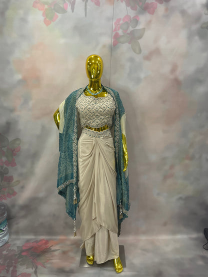 Ivory Grace – Pre-Draped Saree with Embroidered Blouse & Teal Dupatta