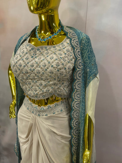 Ivory Grace – Pre-Draped Saree with Embroidered Blouse & Teal Dupatta