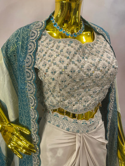 Ivory Grace – Pre-Draped Saree with Embroidered Blouse & Teal Dupatta