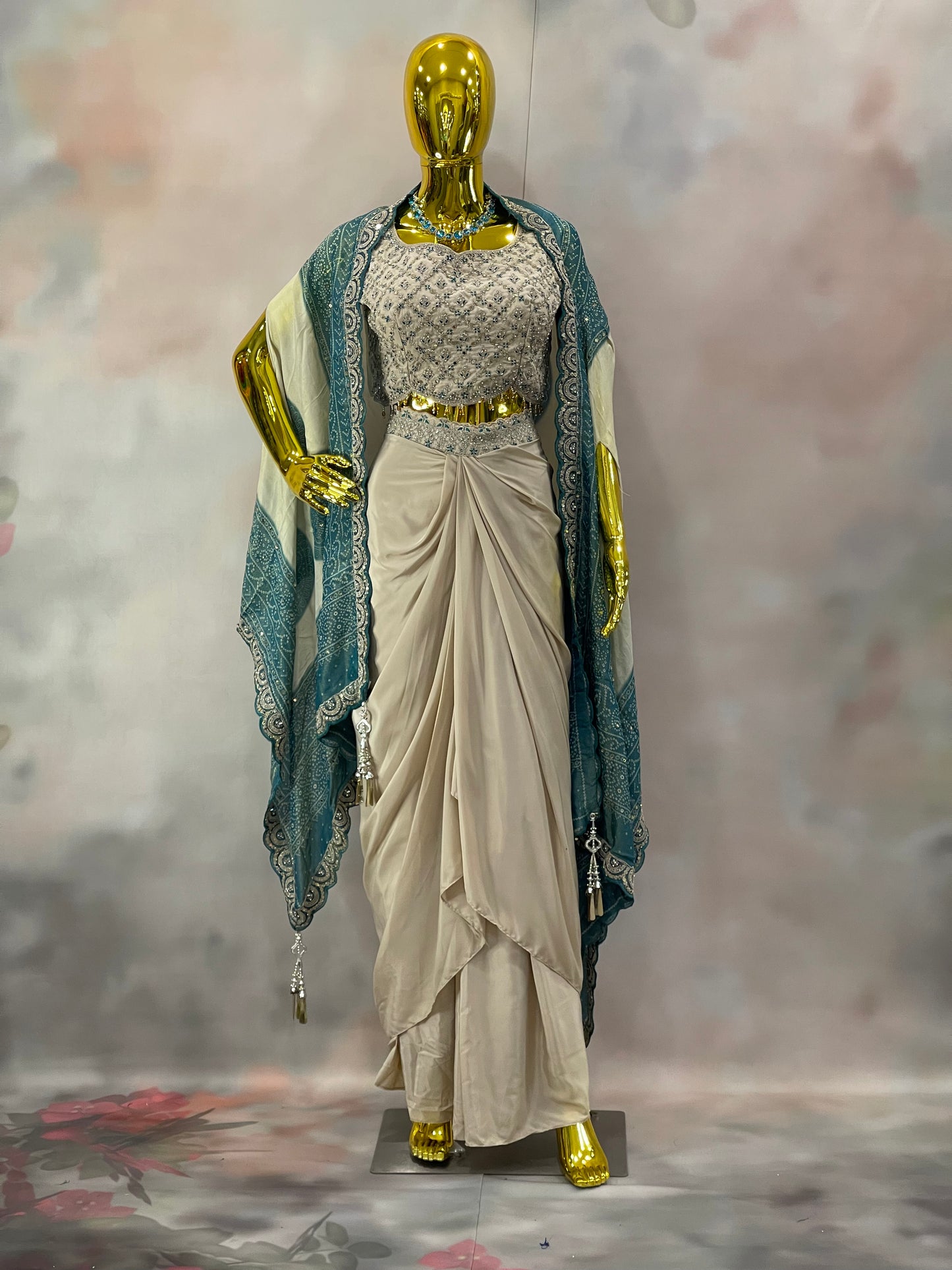 Ivory Grace – Pre-Draped Saree with Embroidered Blouse & Teal Dupatta