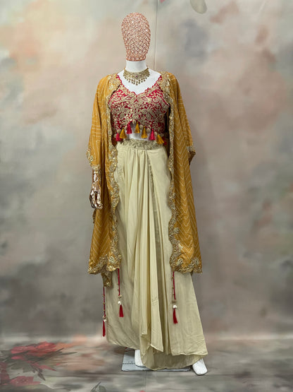 Mustard Charm – Pre-Draped Saree with Red Embroidered Blouse & Cape