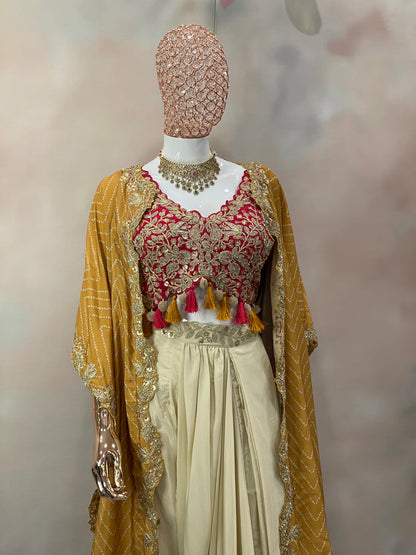 Mustard Charm – Pre-Draped Saree with Red Embroidered Blouse & Cape