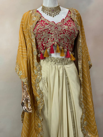 Mustard Charm – Pre-Draped Saree with Red Embroidered Blouse & Cape