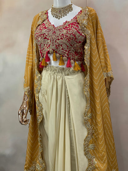 Mustard Charm – Pre-Draped Saree with Red Embroidered Blouse & Cape