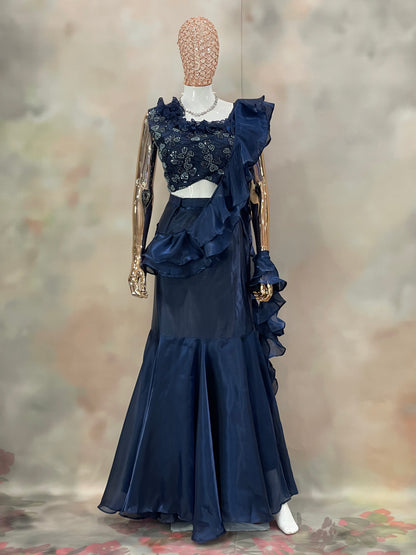 Midnight Ruffle – Navy Blue Embellished Saree Gown