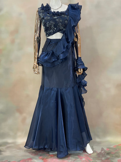 Midnight Ruffle – Navy Blue Embellished Saree Gown