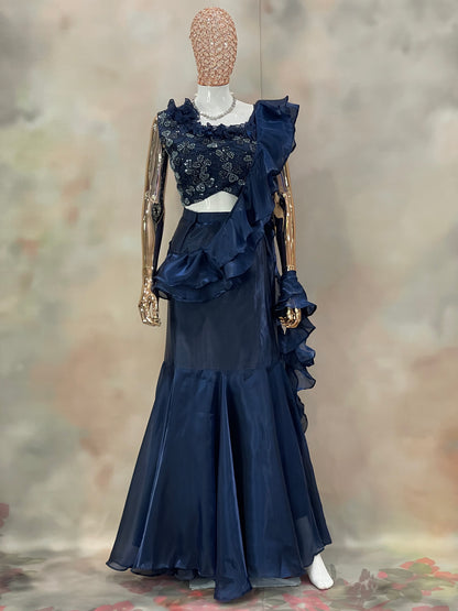 Midnight Ruffle – Navy Blue Embellished Saree Gown