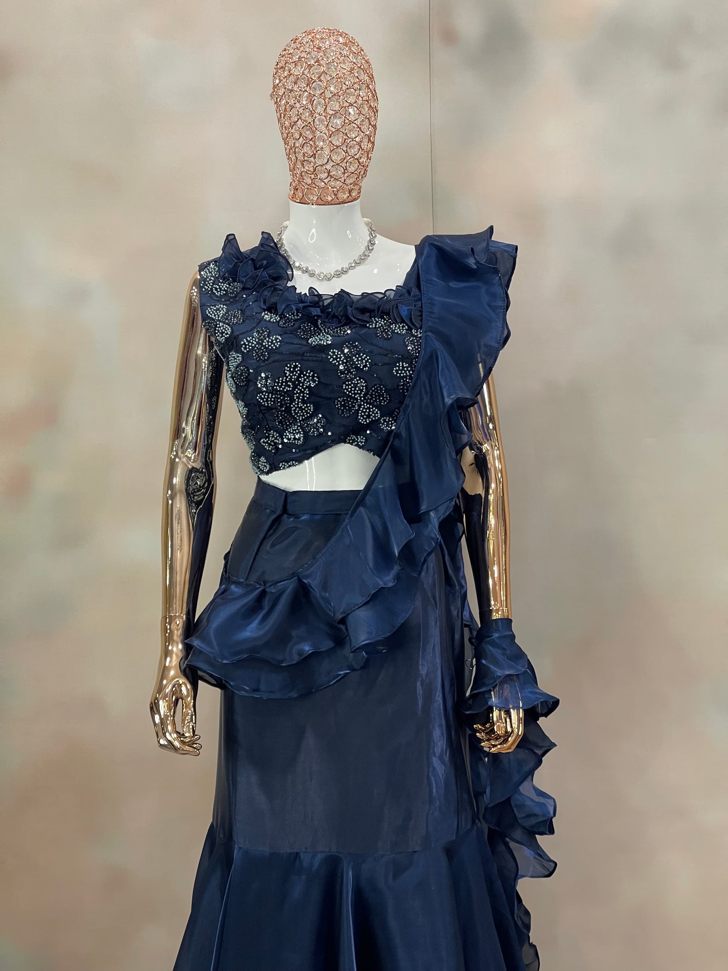 Midnight Ruffle – Navy Blue Embellished Saree Gown