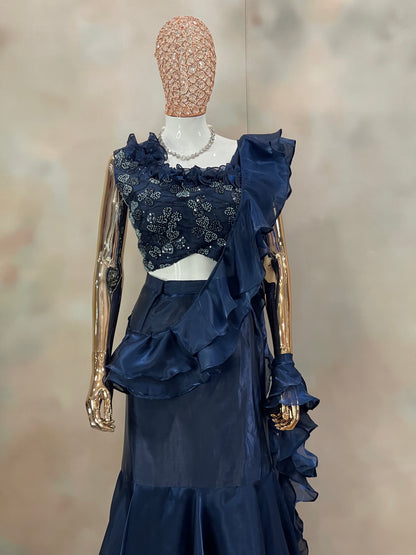 Midnight Ruffle – Navy Blue Embellished Saree Gown