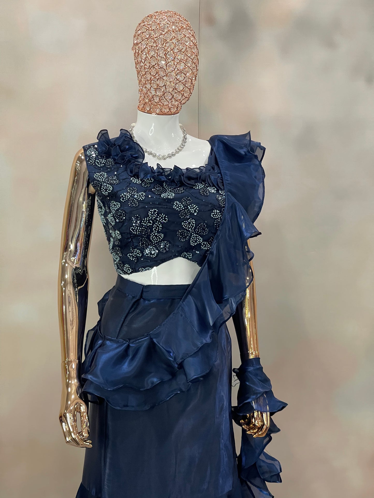 Midnight Ruffle – Navy Blue Embellished Saree Gown