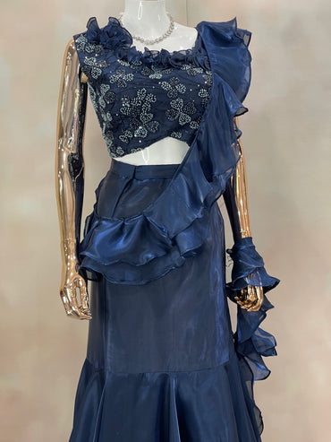 Midnight Ruffle – Navy Blue Embellished Saree Gown