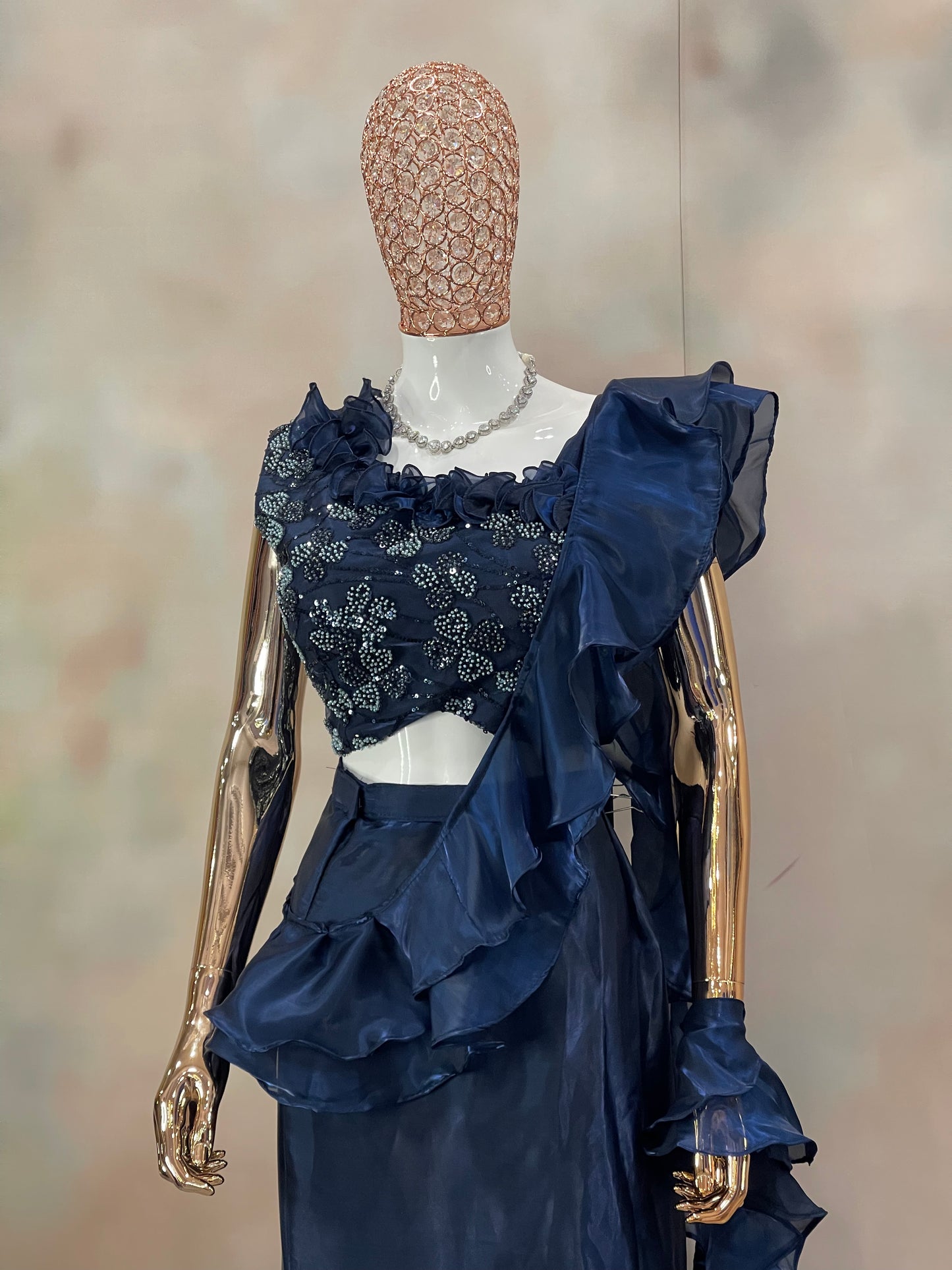 Midnight Ruffle – Navy Blue Embellished Saree Gown
