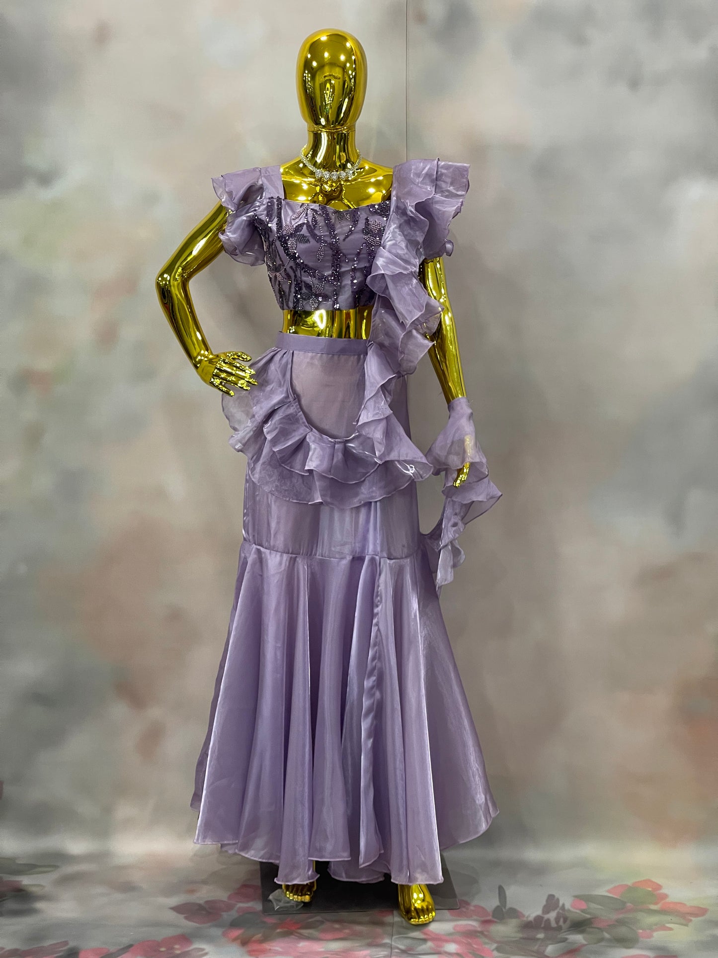 Lilac Whispers – Lavender Ruffle Crop Top & Skirt Set