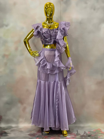 Lilac Whispers – Lavender Ruffle Crop Top & Skirt Set