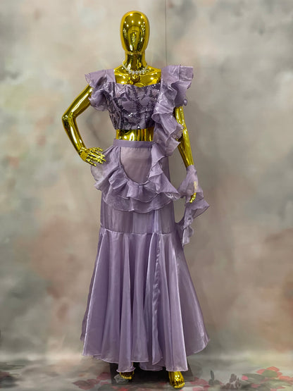 Lilac Whispers – Lavender Ruffle Crop Top & Skirt Set