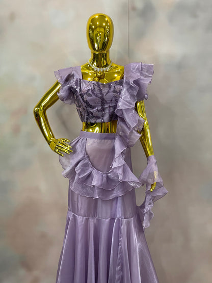 Lilac Whispers – Lavender Ruffle Crop Top & Skirt Set