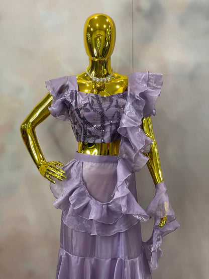 Lilac Whispers – Lavender Ruffle Crop Top & Skirt Set