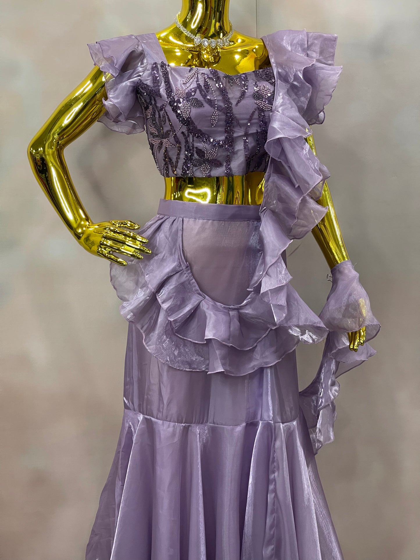 Lilac Whispers – Lavender Ruffle Crop Top & Skirt Set