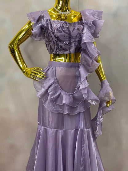 Lilac Whispers – Lavender Ruffle Crop Top & Skirt Set