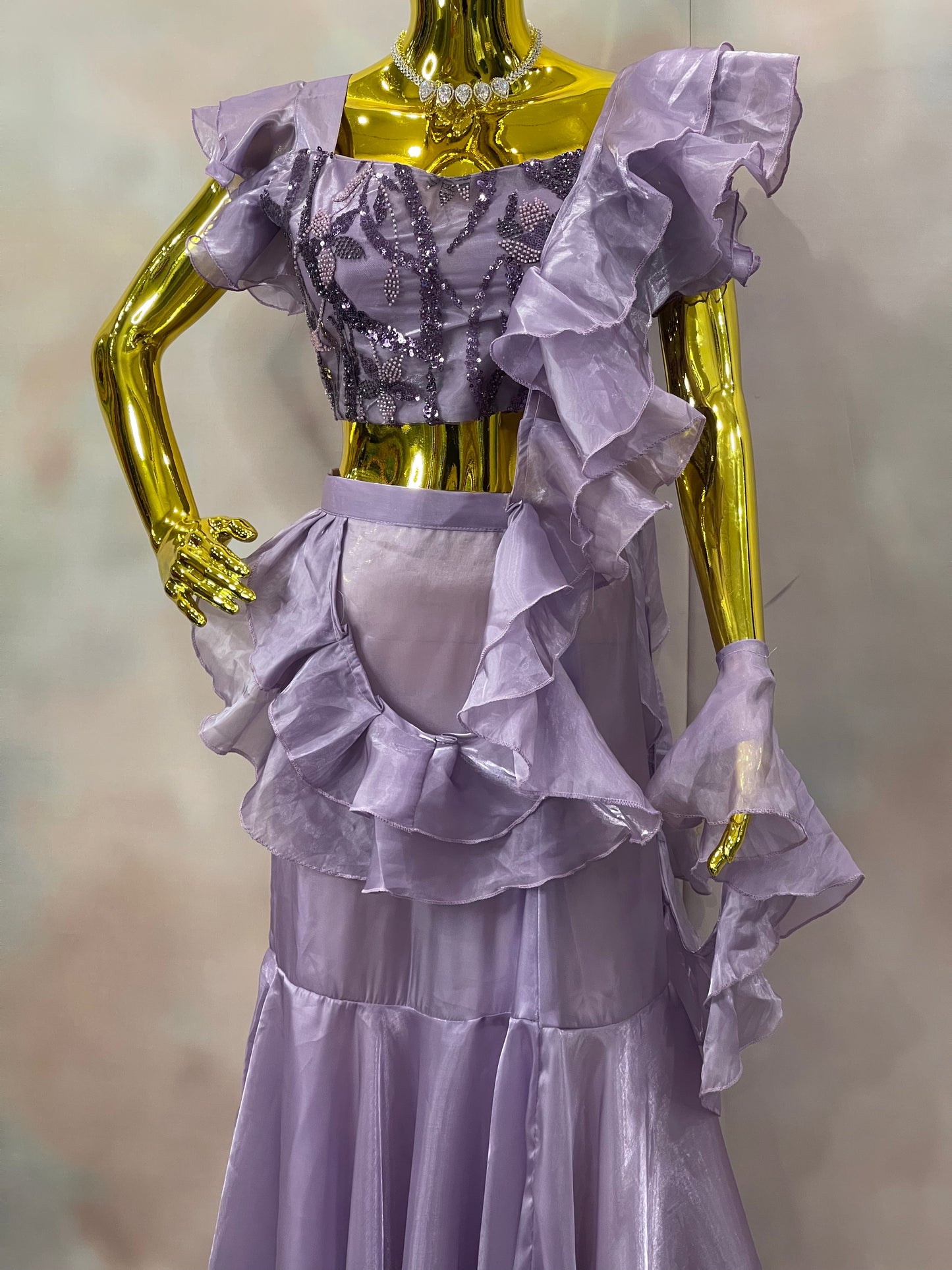 Lilac Whispers – Lavender Ruffle Crop Top & Skirt Set