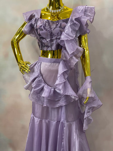 Lilac Whispers – Lavender Ruffle Crop Top & Skirt Set