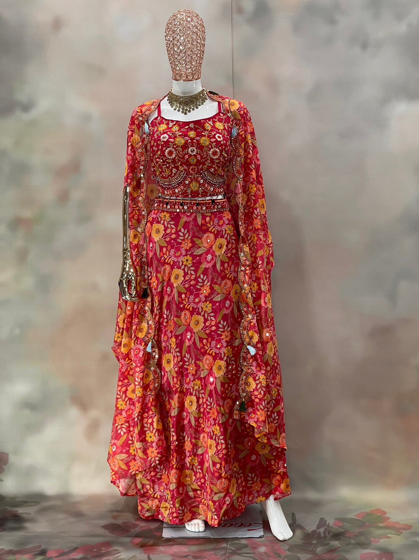 Blooming Radiance – Red & Yellow Floral Anarkali Set