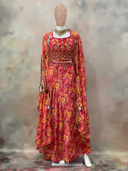 Blooming Radiance – Red & Yellow Floral Anarkali Set