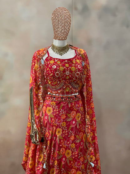 Blooming Radiance – Red & Yellow Floral Anarkali Set