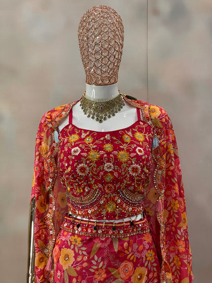 Blooming Radiance – Red & Yellow Floral Anarkali Set