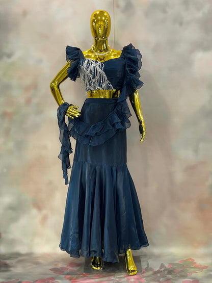 Midnight Ruffles – Navy Blue Sequin Saree Gown